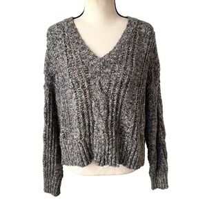 Lucky Brand Cable Knit Gray V-Neck Sweater Relaxed Dolman Sleeve‎ Cotton Blend M
